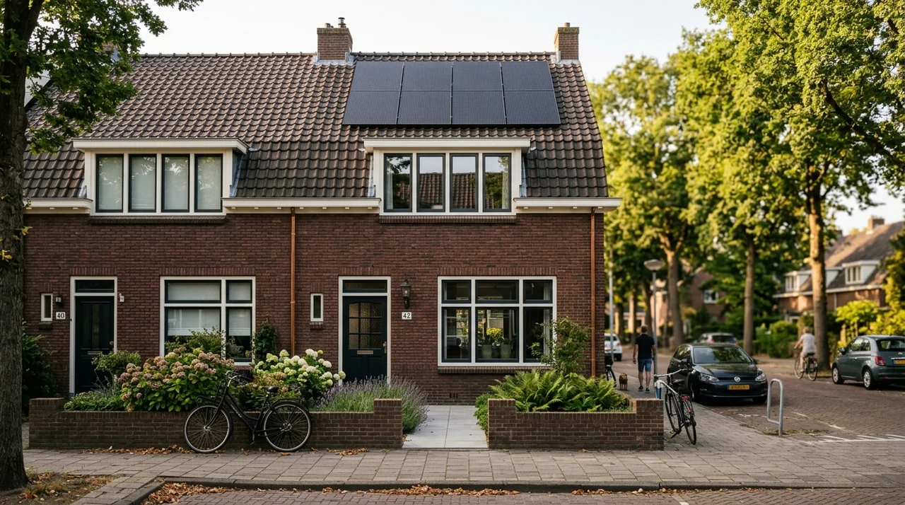 Verduurzaamd Nederlands verhuurpand met zonnepanelen en nieuwe HR-kozijnen in warm namiddaglicht